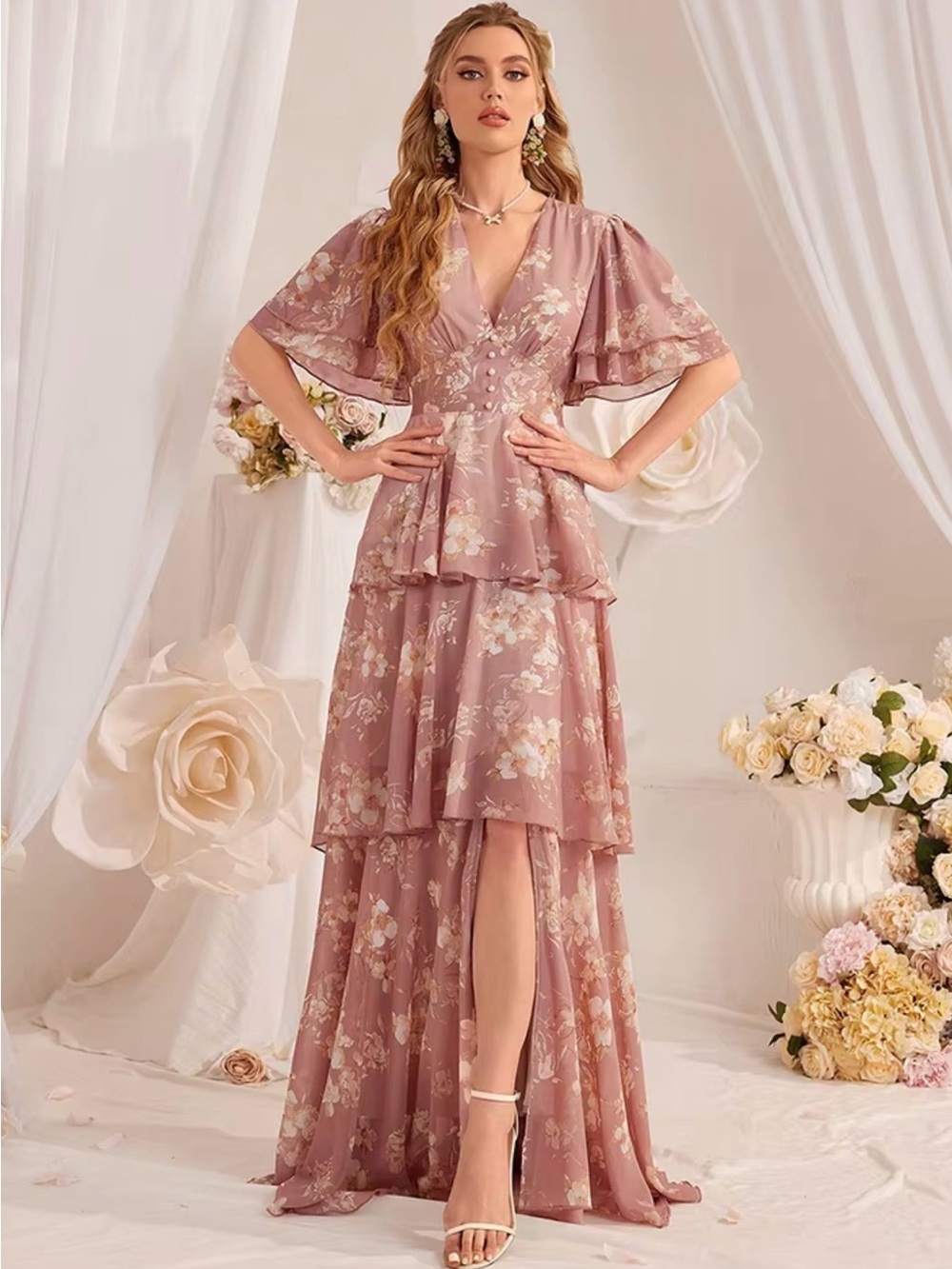 Toleen Floral Tiered V-Neck Maxi Dress in Dusty Rose Romantic Flowy Small NWT
